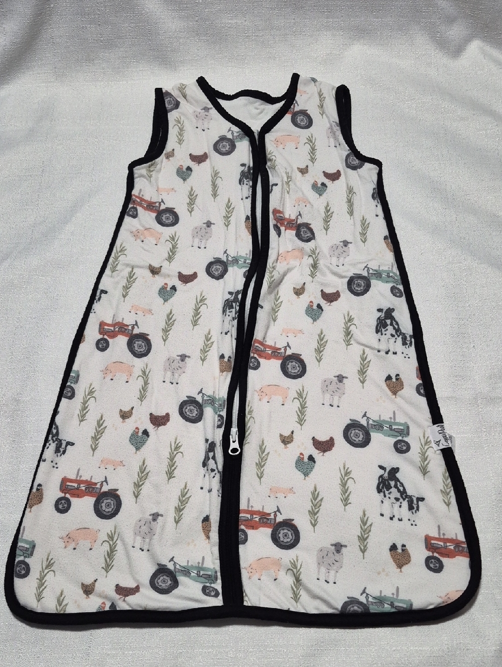 Copper Pearl Kids White Farm Animal Tractor Sleep Sack Black Trim 6-12 Month